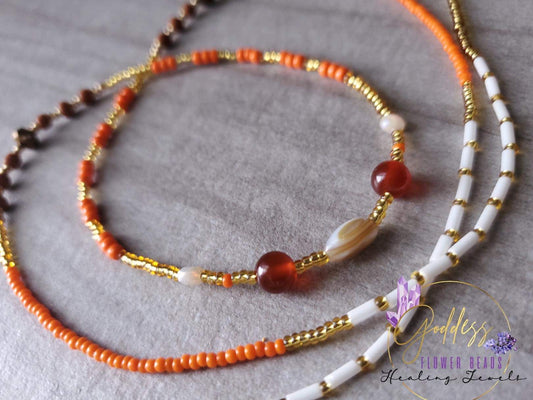 Elevate your spirit with Carnelian Waistbeads from Goddess Flower beads. Handmade with the potent Carnelian stone, these waist beads symbolize femininity, boost self-esteem, and track fitness progress. Activate your sacral chakra and embrace your divine energy. Order now to experience empowerment and sensuality.